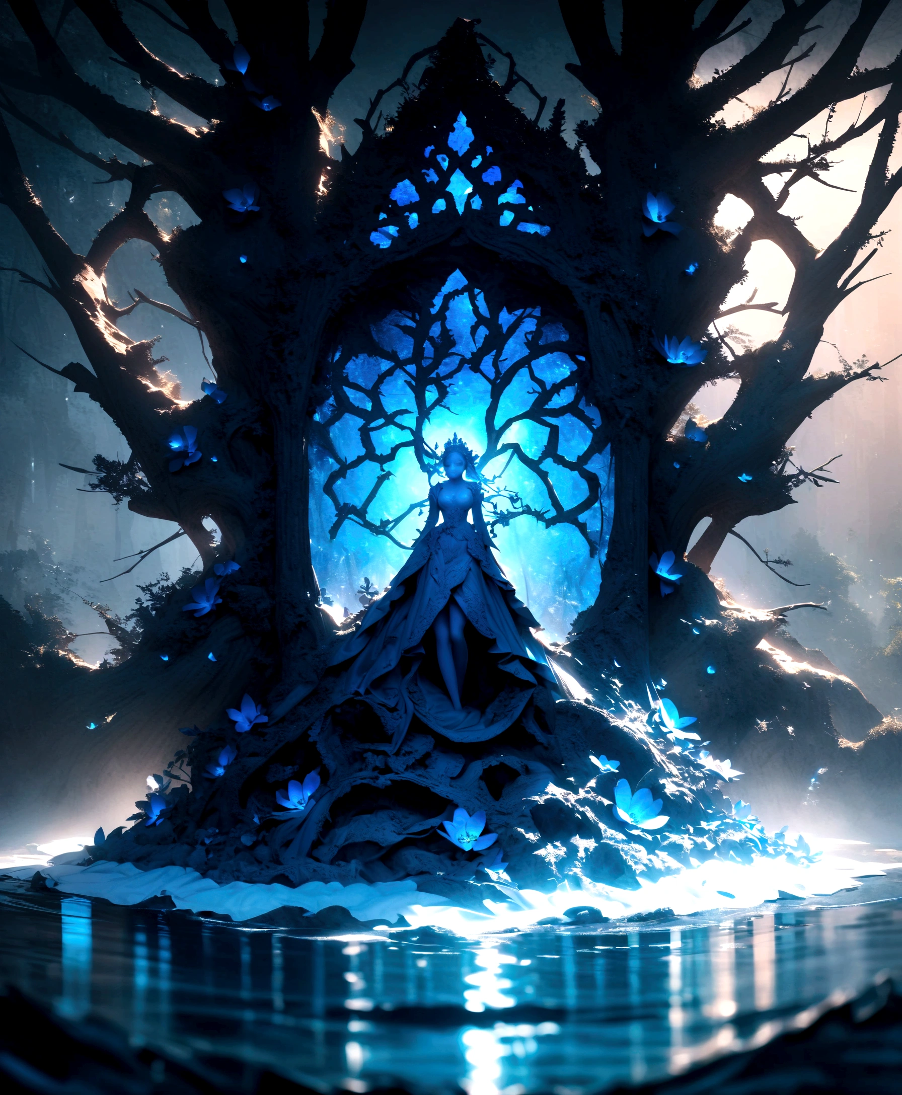 surrealist art breathtaking A stunning high quality photo of a mystical figure with a blue hue, adorned with an ornate headdress that resembles a blend of tree branches and flowers. The figure's eyes are strikingly red, and it extends its hands towards the viewer, creating an ethereal and captivating aura. The background is a deep blue, adding to the enchanting ambiance. The figure seems to be emerging from a body of water, with a silhouette of a person visible at the bottom.. award-winning, professional, highly detailed . dreamlike, mysterious, provocative, symbolic, intricate, detailed