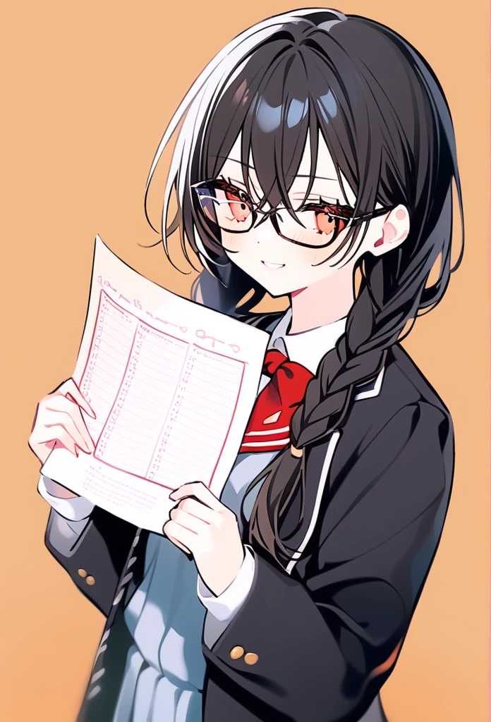 rurudo, 1girl, solo, Black hair, braids hair, amber eyes, pro and cheating smile, grade 5 student uniform, good grades student, holding A+ exam result sheet, Pro glasses