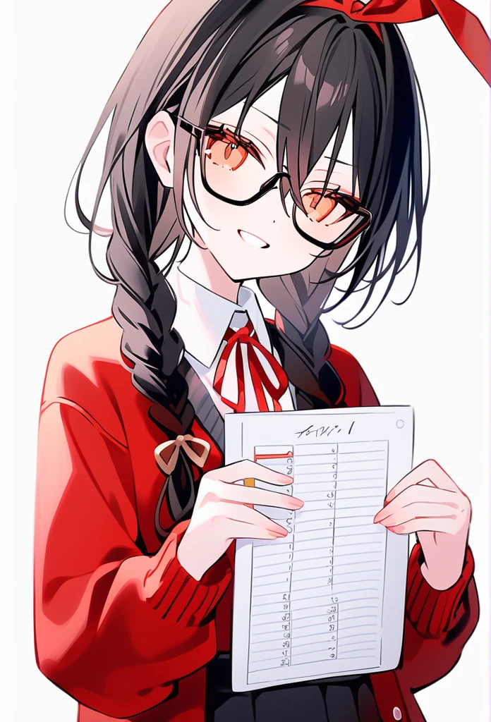 rurudo, 1girl, solo, Black hair, braids hair, amber eyes, pro and cheating smile, grade 5 student uniform, good grades student, holding A+ exam result sheet, Pro glasses