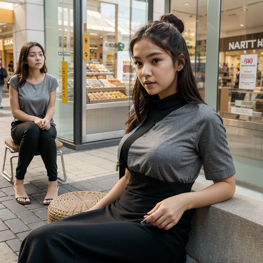 Looking to the phone,sitting outside the mall ,people moving around,clear face ,natural looking ,stylish dress, nice waether ,natural skin ,natural face with shadow, wideangle camera ,other shops nearby, nornal looking ,grey and black outfit