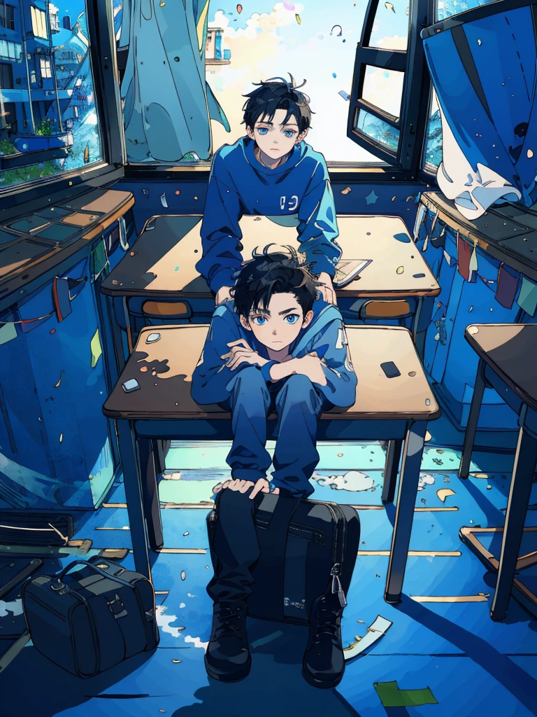 (masterpiece:1.2), best quality,PIXIV,fairy tale style, 19 years old, boy, black hair, blue eyes, indifferent, window, sitting inside of an classroom,


