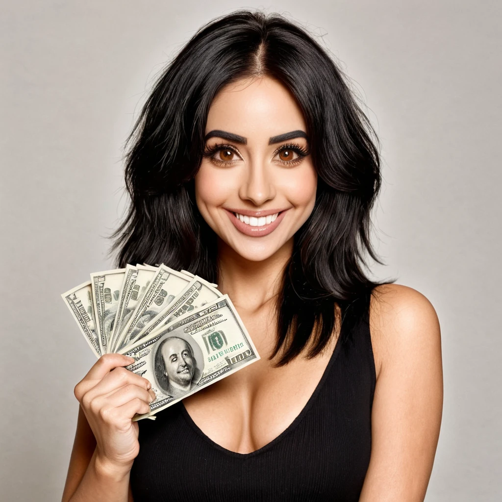 bearded woman beautiful shaggy beard, black hair, brown eyes, eyeliner, proud smile, seductive look, hold a load of dollar bills