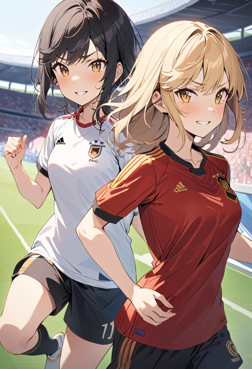(award winning, 8k, super detailed, high resolution, best quality) , illustration about football, (two girls), girl on the left with blonde hair in ((spain soccer uniform)) and smirk expression, girl on the right with black hair in ((germany soccer uniform)) and (timid expression), (running side by side), ((beautiful girls)), football stadium.