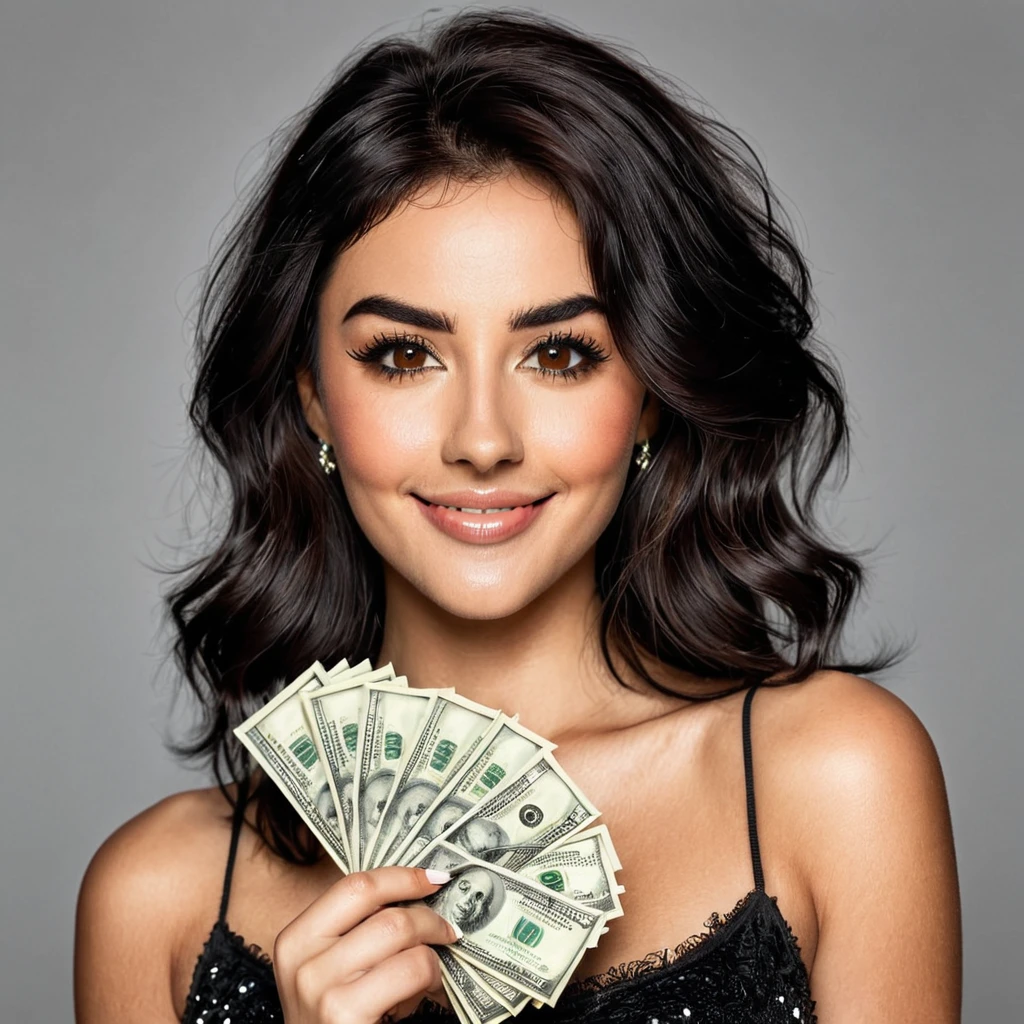 bearded woman beautiful shaggy beard, black hair, brown eyes, eyeliner, proud smile, seductive look, hold a load of dollar bills