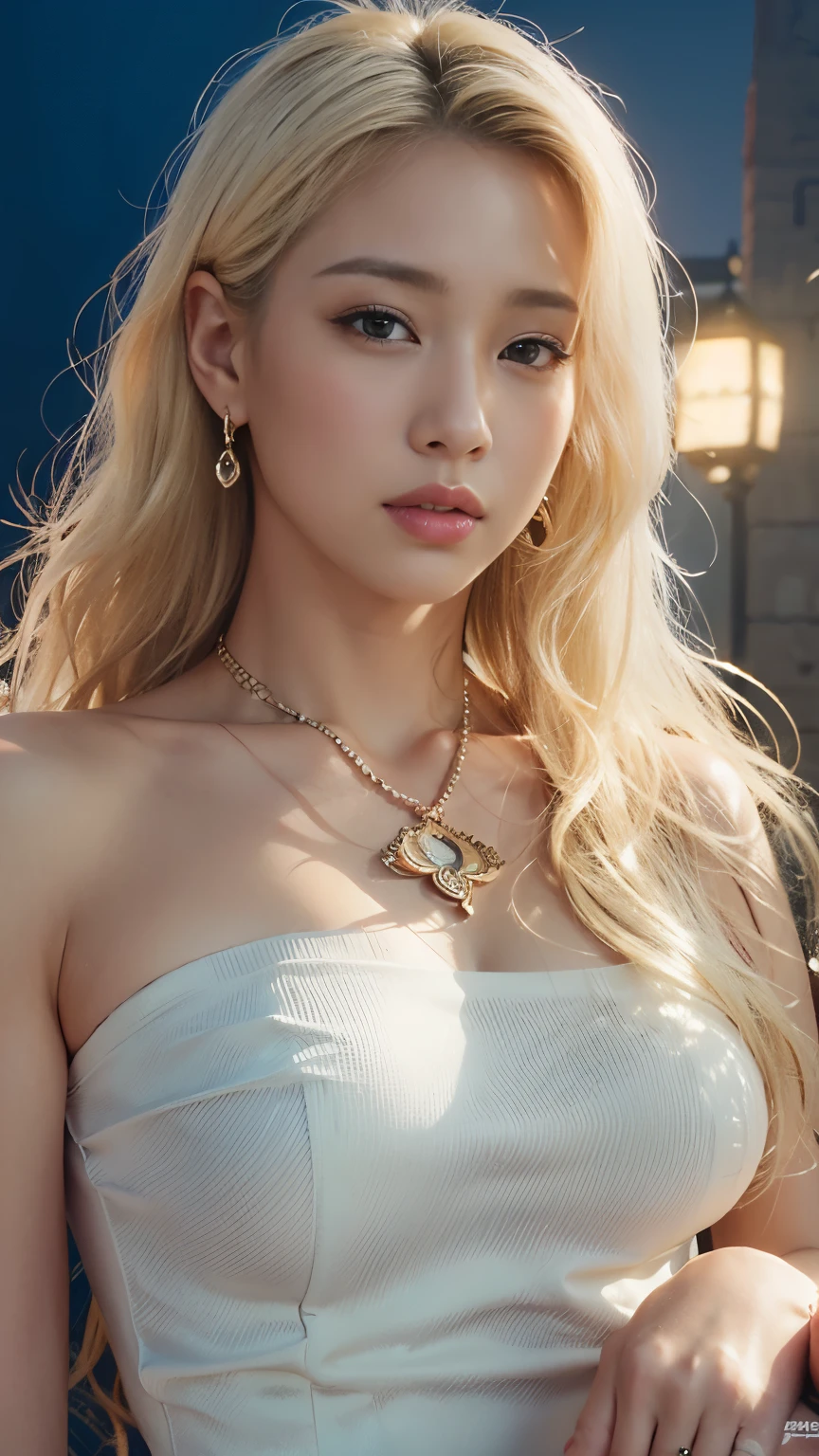 Realistic, High resolution, Soft Light, １People Women, Hip Up, Glossy Skin, (Detailed face), Earrings, necklace, bracelet, Tattoo, night, blonde color short hair, Beautiful soldiers, Capture the audience's attention, Lover's point of view, inviting expression, ???? smile, Perfect Style, Perfect balance, (C-cup ??????? with firmness), 薄い黒のlingerie, Exquisite and smooth details, ???? body and ???? abdomen, Metal ??????, lingerie，Full body photo