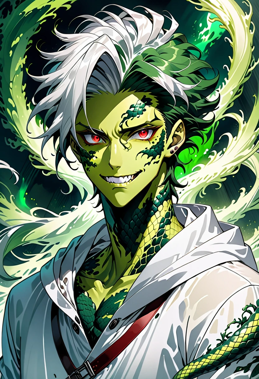 Generate an anime-style illustration of a teenage male character with the appearance of a Gorgon. He should have pale skin, sharp facial features, and a monstrous look, with green scales covering parts of his face and body. His hair should be made entirely of slender, elegant white snakes with subtle green highlights, all oozing a green liquid aura. The snakes should have piercing red eyes. The character should be wearing a white trench coat hoodie with accents of green, creating a harmonious green and white color theme. He should have a sinister grin on his face. Please ensure that the overall aesthetic remains true to traditional anime art style