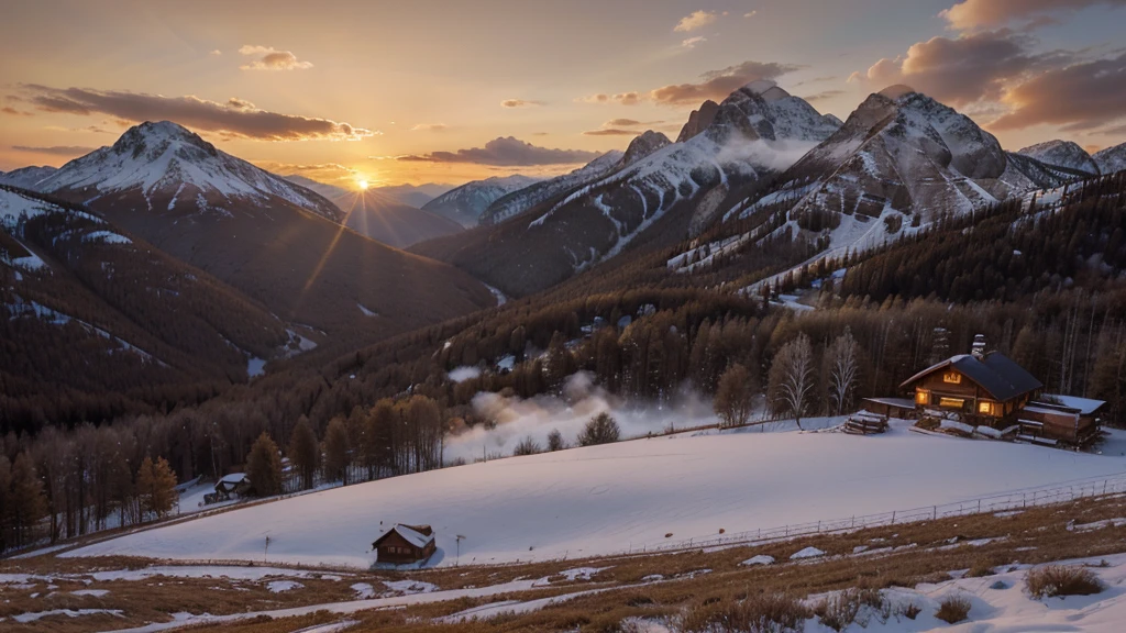 A stunning sunrise at a mountain cabin with a cup of coffee. The warm hues of the sun kiss the sky, painting it in shades of orange, pink, and gold as the light spills over the surrounding peaks. The image, most likely a photograph, captures the tranquility and beauty of the moment perfectly. The cozy cabin exudes a welcoming glow, with wisps of smoke rising from its chimney adding a touch of charm. This high-quality image transports viewers to a serene and peaceful getaway in nature, where every detail is bathed in the soft, ethereal light of dawn.