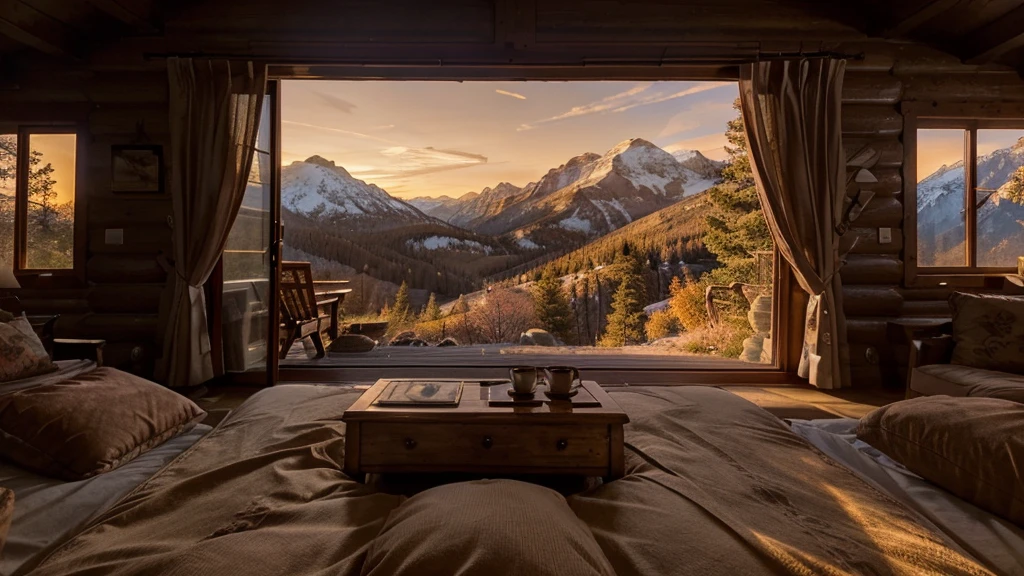 A stunning sunrise at a mountain cabin with a cup of coffee. The warm hues of the sun kiss the sky, painting it in shades of orange, pink, and gold as the light spills over the surrounding peaks. The image, most likely a photograph, captures the tranquility and beauty of the moment perfectly. The cozy cabin exudes a welcoming glow, with wisps of smoke rising from its chimney adding a touch of charm. This high-quality image transports viewers to a serene and peaceful getaway in nature, where every detail is bathed in the soft, ethereal light of dawn.