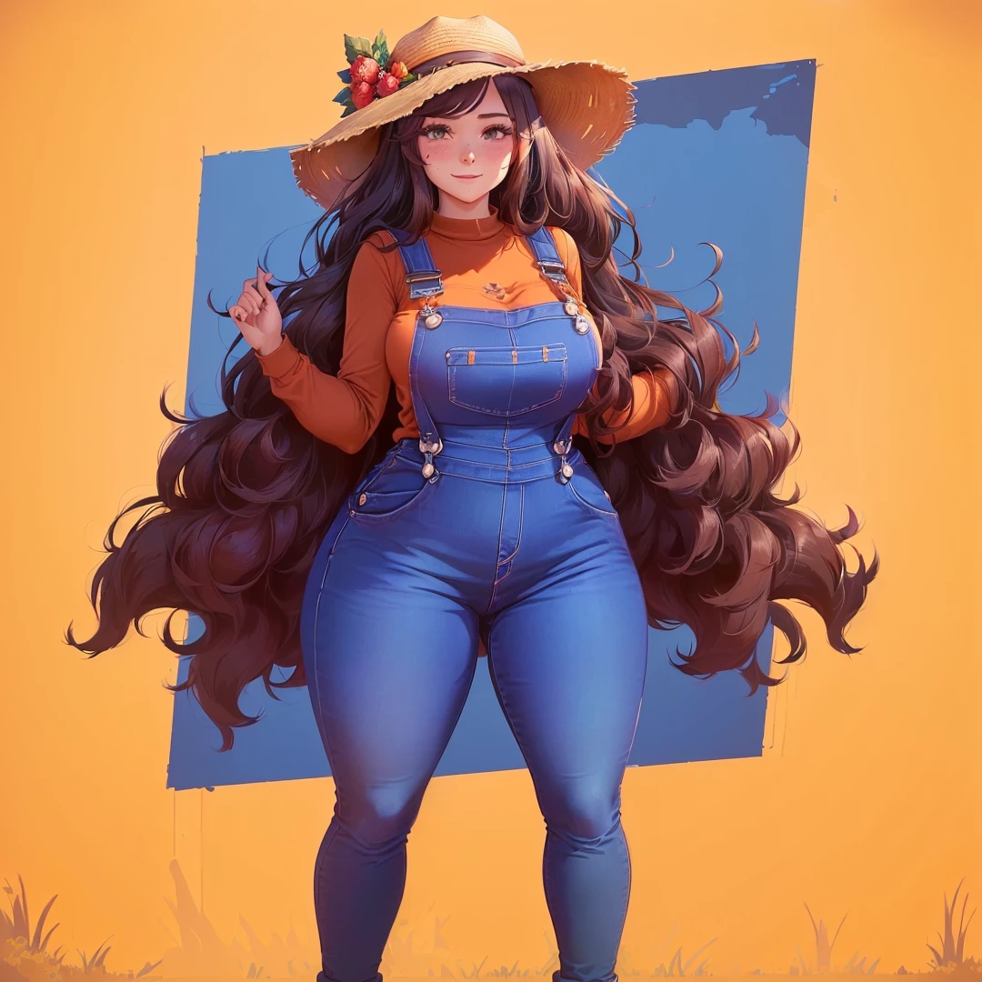 mavis ( a picture of a woman in a hat and overalls, abigail from stardew valley, high res, madeline from celeste, thic, character is in her natural pose, safe for work, oc commission, sfw version, blue, full body:: sunny weather:: long brown hair Red shirt )
