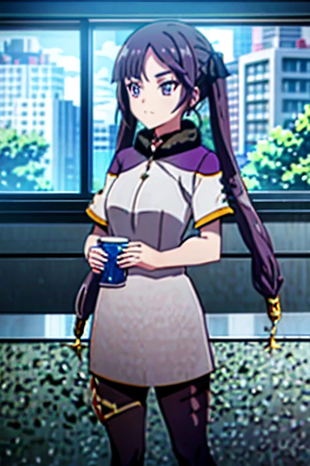 1girl,solo,Terquis eyes,purple hair,Mona,Twin tail hair, 