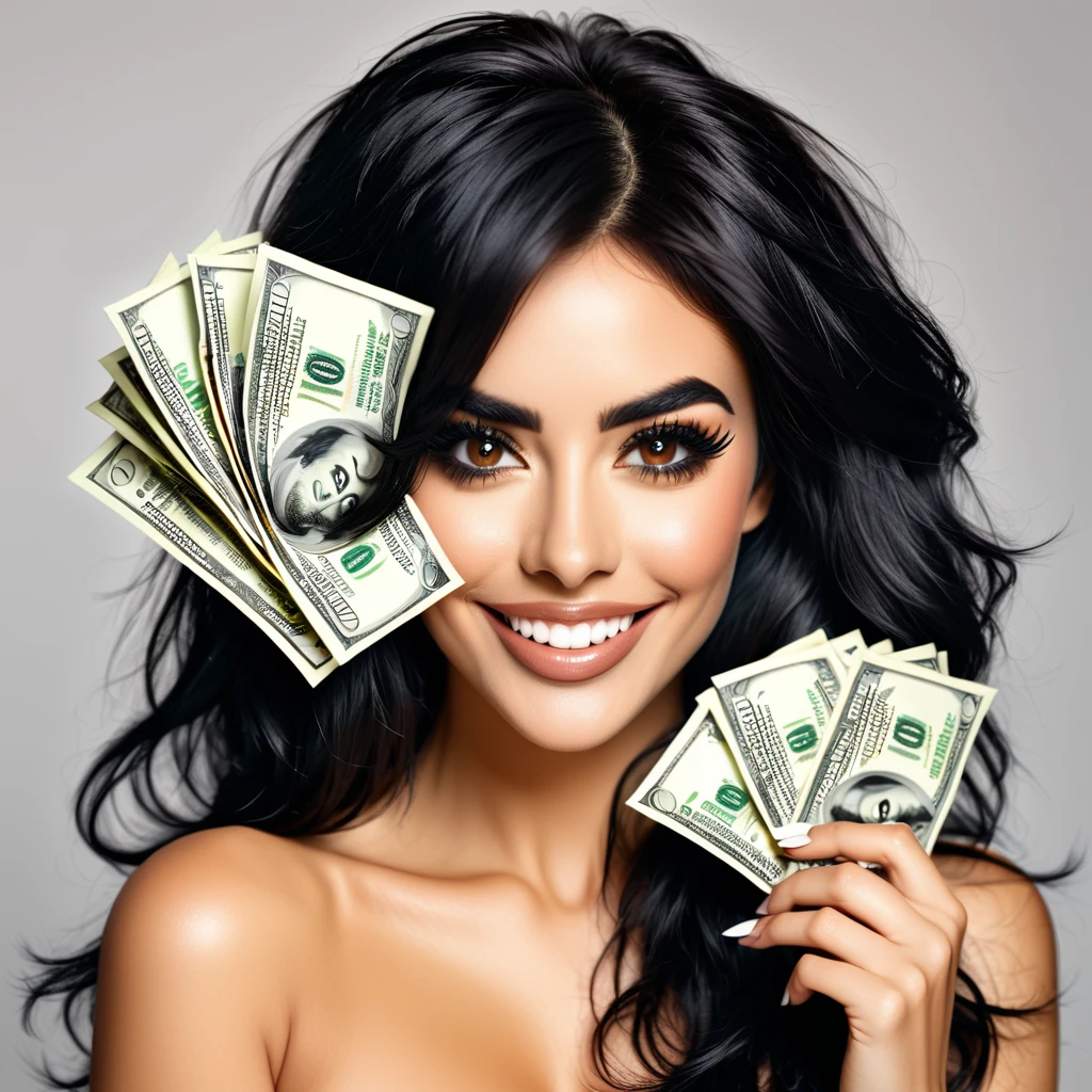 bearded woman beautiful shaggy beard, black hair, brown eyes, eyeliner, proud smile, seductive look, hold a load of dollar bills