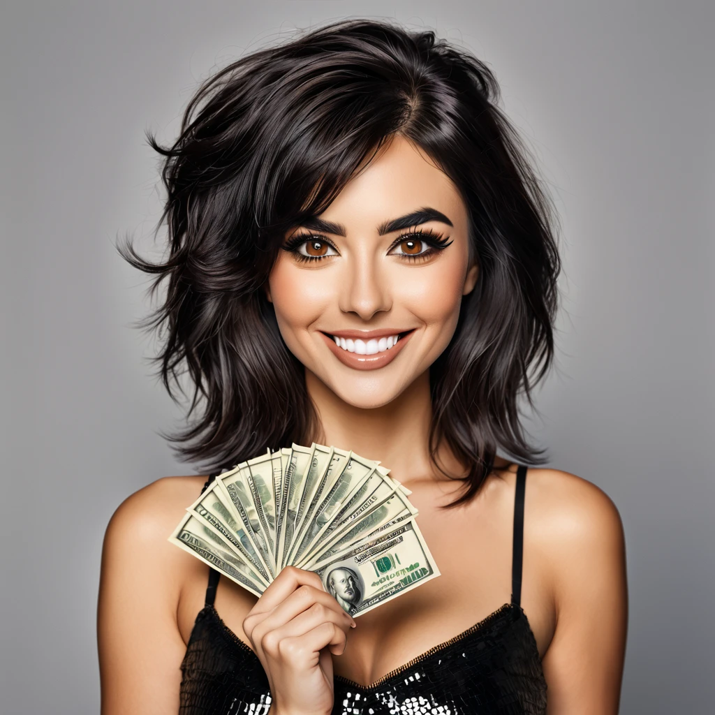 bearded woman beautiful shaggy beard, black hair, brown eyes, eyeliner, proud smile, seductive look, hold a load of dollar bills