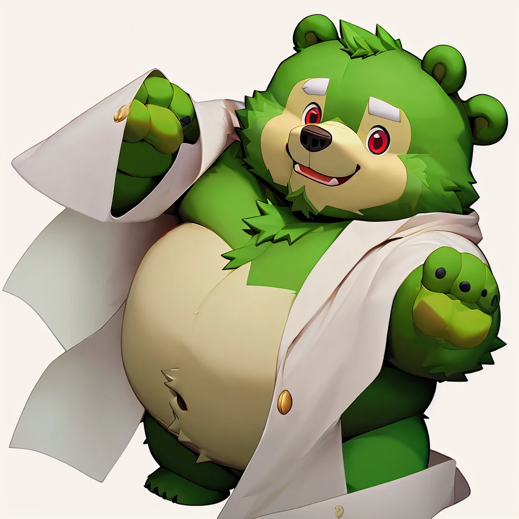 ((masterpiece)), (best quality), highres, ultra-detailed,
nendroid, chibi, solo, simple background, white background, full body, 
anthro, kemono, male, solo, ((round face, very plump face, thick beard)), ((endomorph body type, old-aged)), (adventure costume), ((green bear, bear) fluffy fur, fluffy),cartoon, (((green bear))), (((green fur))), green hair, beard, white eyebrows, bald, detailed red eyes, tall, Joyful, (black t-shirt inside), (((white unhooded trench coat ))), 
 