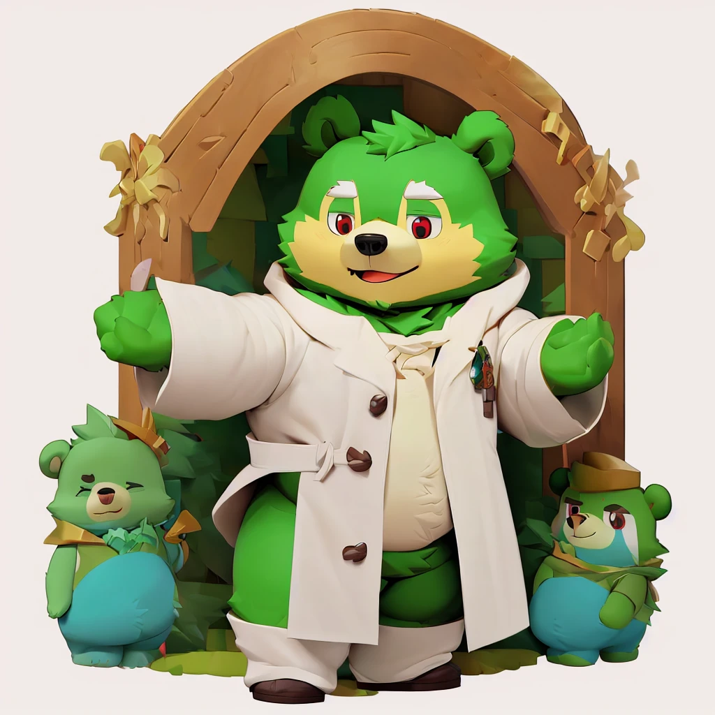 ((masterpiece)), (best quality), highres, ultra-detailed,
nendroid, chibi, solo, simple background, white background, full body, 
anthro, kemono, male, solo, ((round face, very plump face, thick beard)), ((endomorph body type, old-aged)), (adventure costume), ((green bear, bear) fluffy fur, fluffy),cartoon, (((green bear))), (((green fur))), green hair, beard, white eyebrows, bald, detailed red eyes, tall, Joyful, (black t-shirt inside), (((white unhooded trench coat ))), 
 