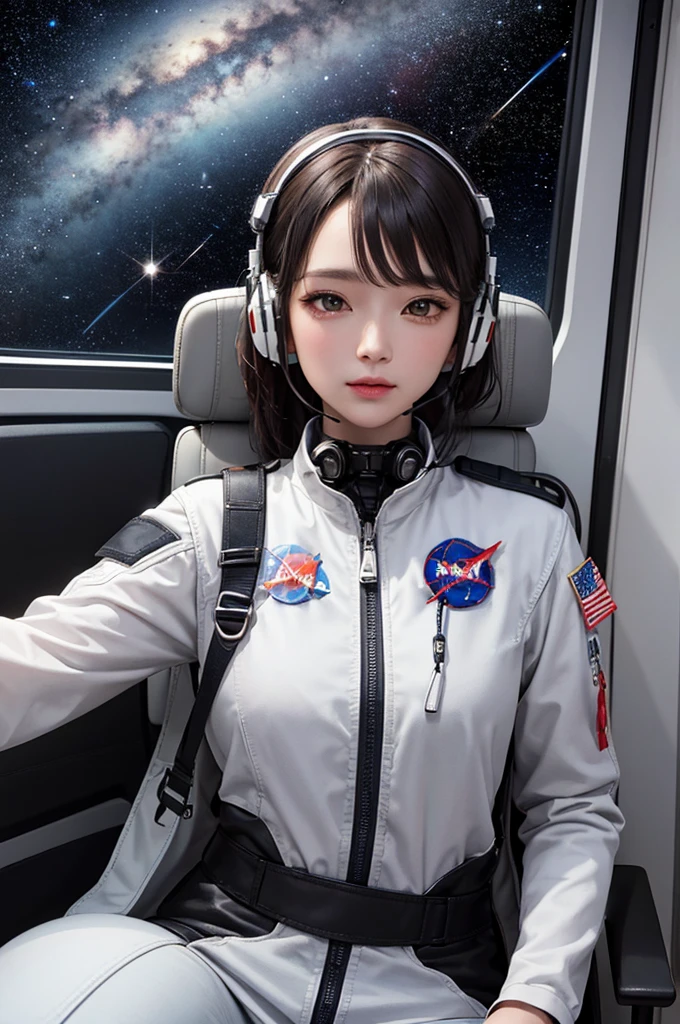 Masterpiece, Best Quality, 8K, Detailed Skin Texture, Detailed Cloth Texture, Beautiful Detail Face, Intricate Detail, Ultra Detailed, BLACK Hair, brown Eyes, Inside the spaceship、Spacecraft crew、full body shot、Outside the window is space、star、meteorite、Milky Way、Headset microphone、nasa、operator、