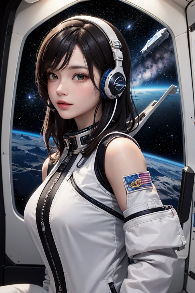 Masterpiece, Best Quality, 8K, Detailed Skin Texture, Detailed Cloth Texture, Beautiful Detail Face, Intricate Detail, Ultra Detailed, BLACK Hair, brown Eyes, Inside the spaceship、Spacecraft crew、full body shot、Outside the window is space、star、meteorite、Milky Way、Headset microphone、nasa、operator、