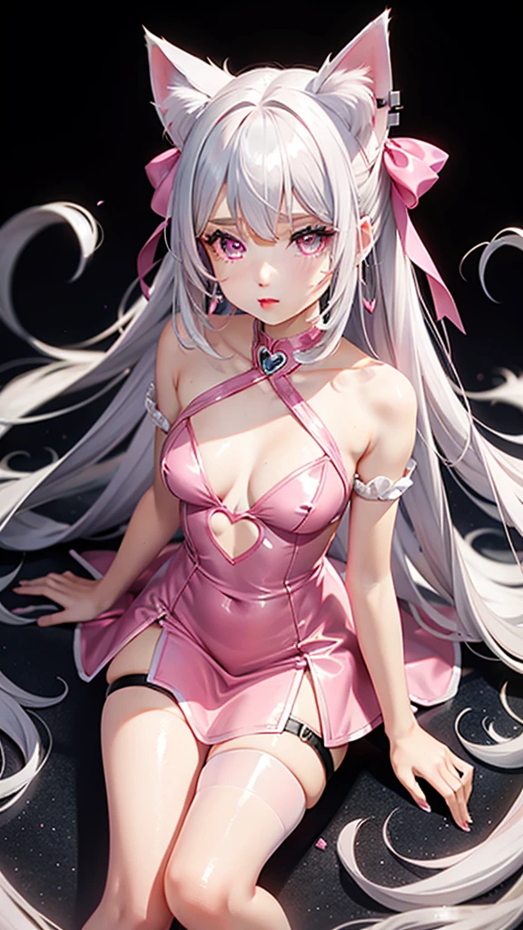 Silver hair, pink eyes, body, cat ears, girl, earrings, heart background fantasy, hot pink dress uniform, hair bows