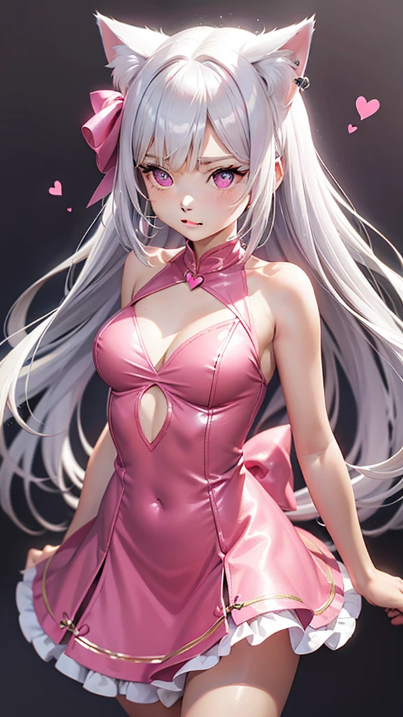 Silver hair, pink eyes, body, cat ears, girl, earrings, heart background fantasy, hot pink dress uniform, hair bows