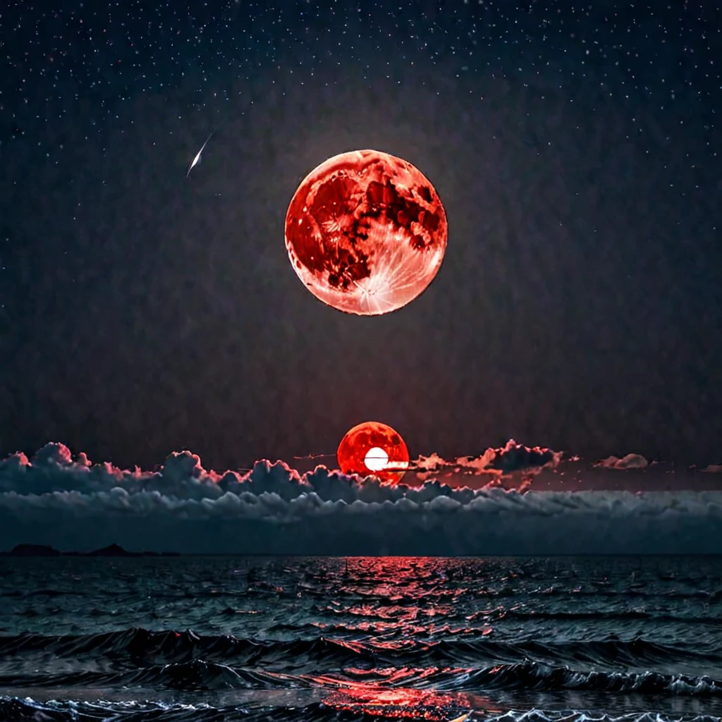 Red moon rising from the sea distant view HD 4k quality