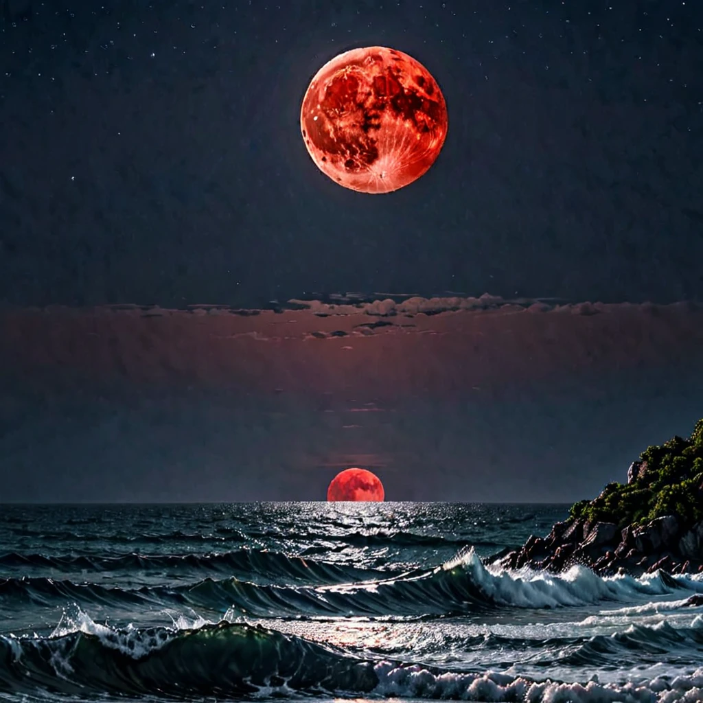 Red moon rising from the sea distant view HD 4k quality