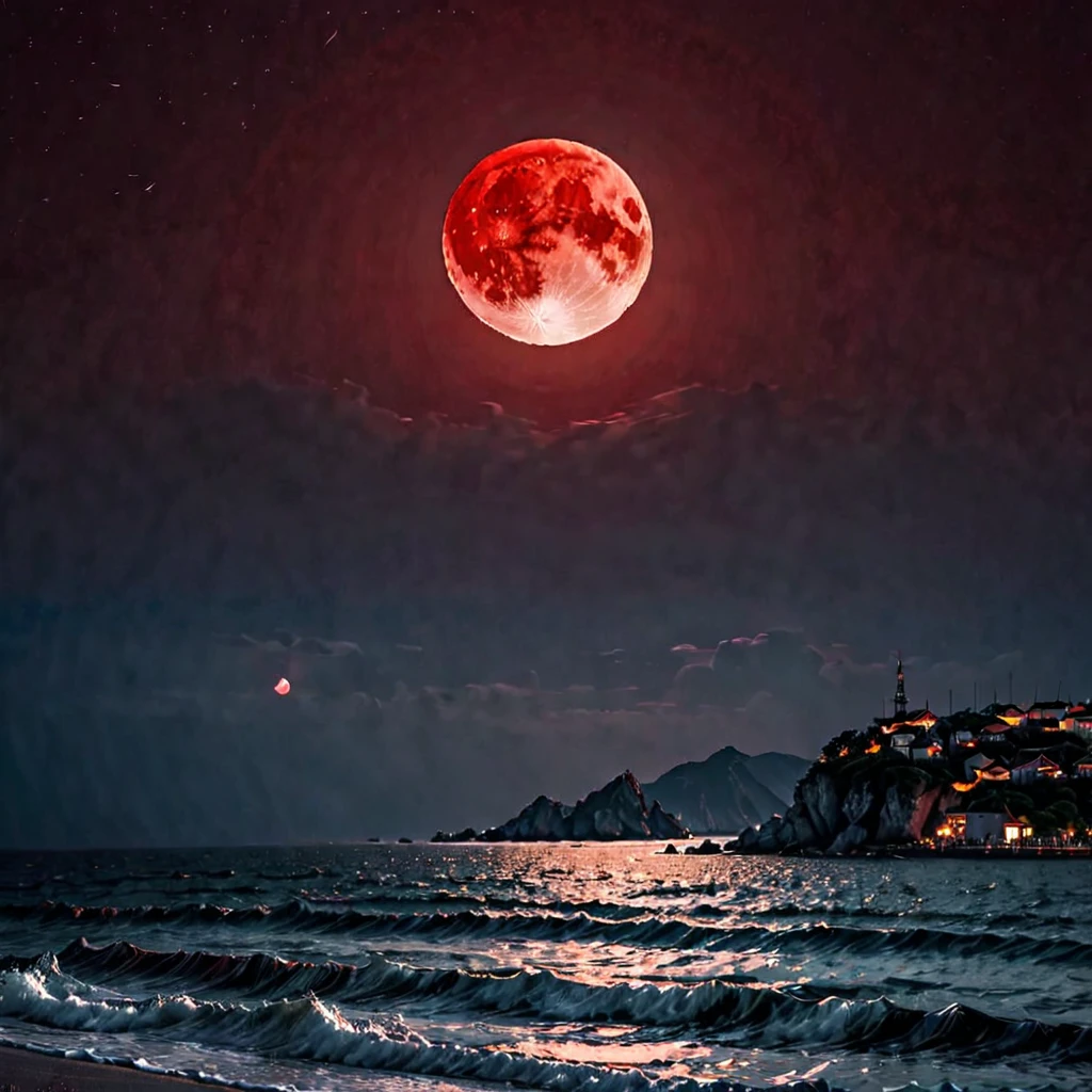 Red moon rising from the sea distant view HD 4k quality