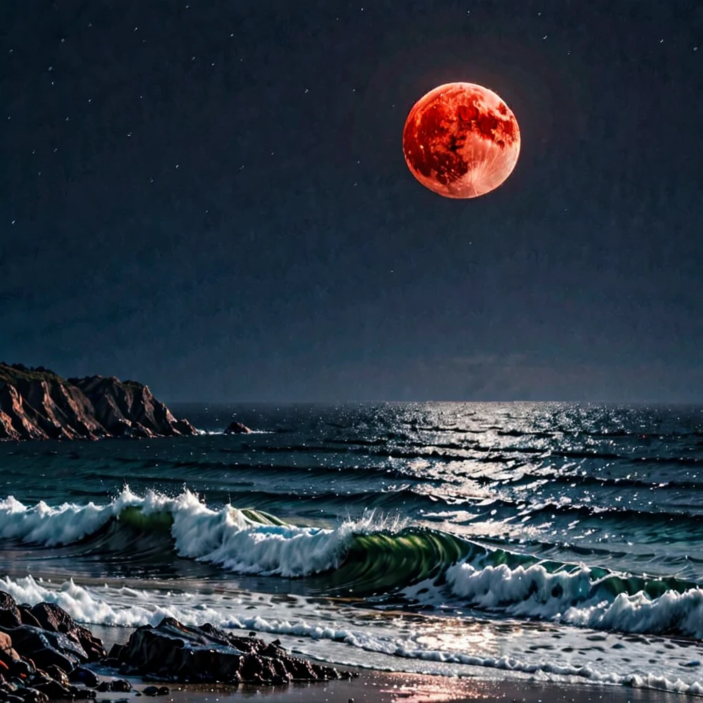 Red moon rising from the sea distant view HD 4k quality