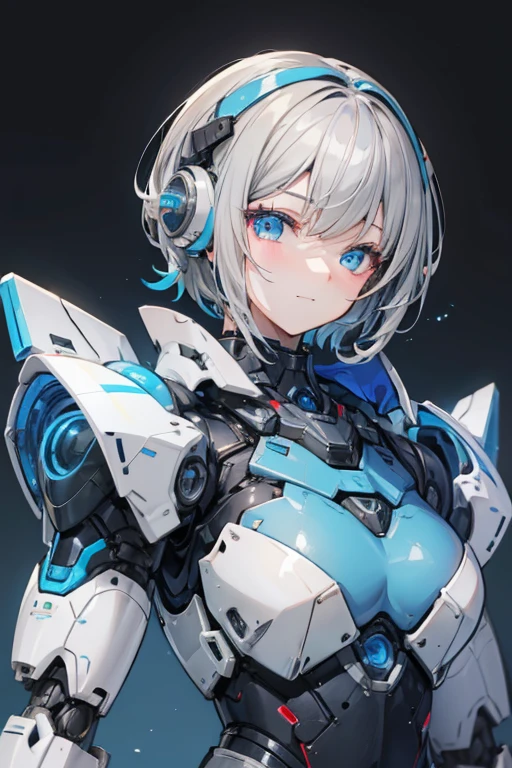 Female Android Girl masterpiece Gray Hair short Blue armor high school girl Mechanical Combatant Upper Body smile No ear decoration