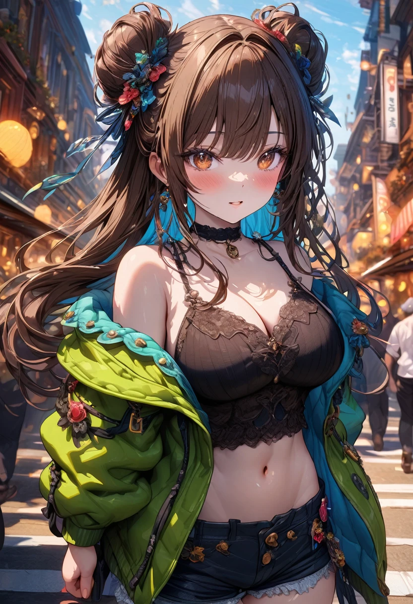 ((masterpiece:0), best quality, very aesthetic, newest, absurdres, detailed, high quality)
BREAK
highest quality, top quality, details, highres, ultra fine painting, digital art, official art, cinematic, 4k, 8k resolution, 8K CG wallpaper, CG, original artwork, detailed background, colorful background, blue atmosphere, High Dynamic Range, blurry background, blue hour, Starburst effects, crepuscular rays, good ISO, high resolution, wide shot, from far away, RAW photo, POV, sharp focus, light reflection, reflections, intricate details, soft light, particle noise, professional photography, bokeh, depth of field, natural lighting, vibrant colors, looking away, detailed lights and shadows, stylish, ultra-detailed, top rated on Pixiv, trending on Artstation, niji style, modern-days, master crafted, pose
BREAK
solo, close up shot, from above, 1girl, pale skin, correct fingers, detailed hand, (big breasts:1.2), big thighs, small torso, short body, flushtered, blush, anxious expression, casual, slim, ((cute, childlike face):1.3), nice hips, nice body, brown hair, (very long flowing hair), (big 2 buns hairstyle)), long bangs, long hair, middle hair bangs, brown eyes
BREAK
(black string tank top, choker, off shoulder open green hoodie, (tummy skin), open unbuttoned shorts, many colors outfit ornaments)
BREAK
a person walking down a street with a crowd of people, crowded street, crowded streets, in front of a large crowd, giant crowd, girl walking through city, people walking down a street
