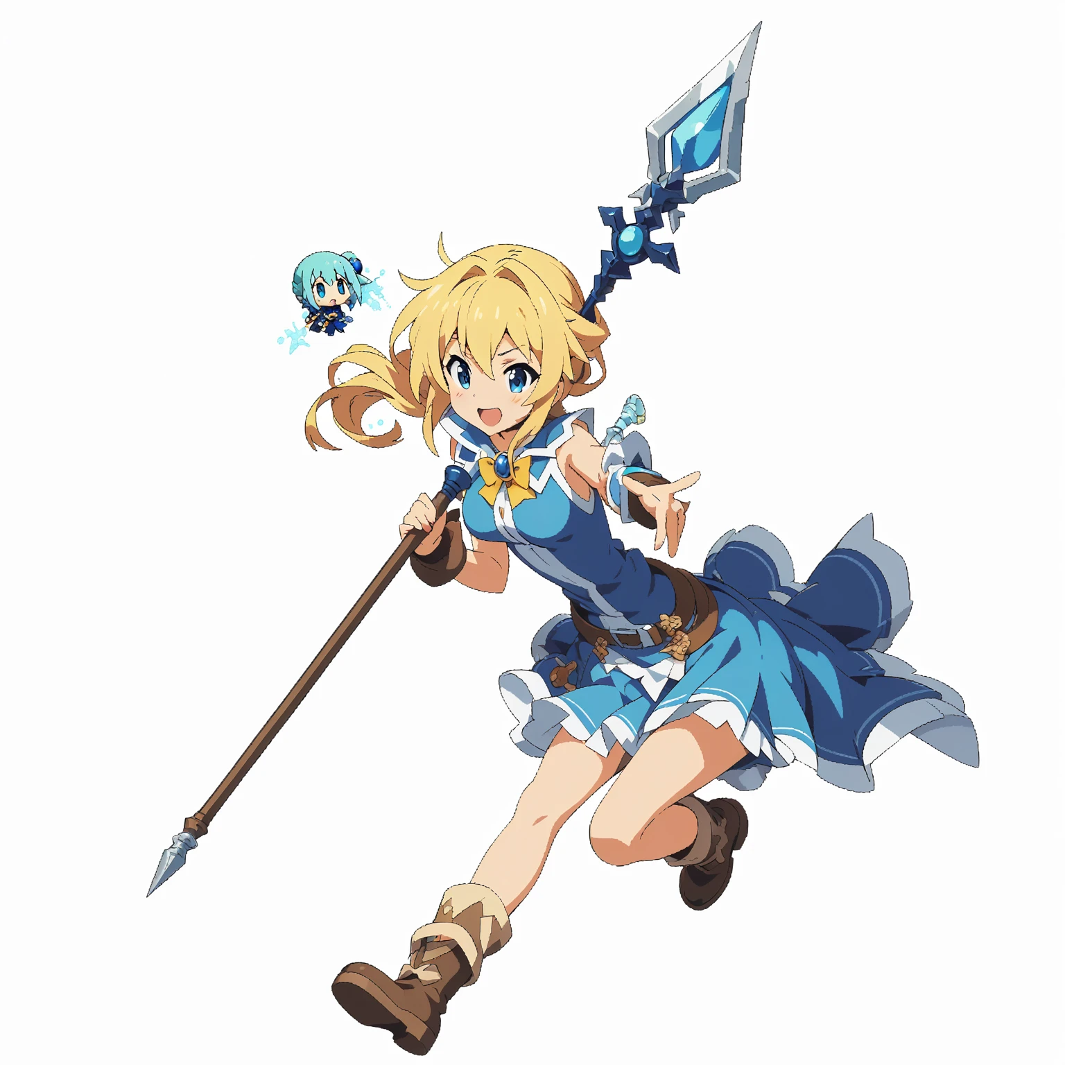 Monocular、Anime girl in a blue dress with a spear, Favorite character, Official Artwork, Aqua from Konosuba, Natalie in an epic battle fantasy, 2D Art, 2D Art, From desire, Official character art, JRPG Characters, Official Art, Alchemist Girl, Have a magic wand, rei hiroe, cirno From desire, 2D Sprites