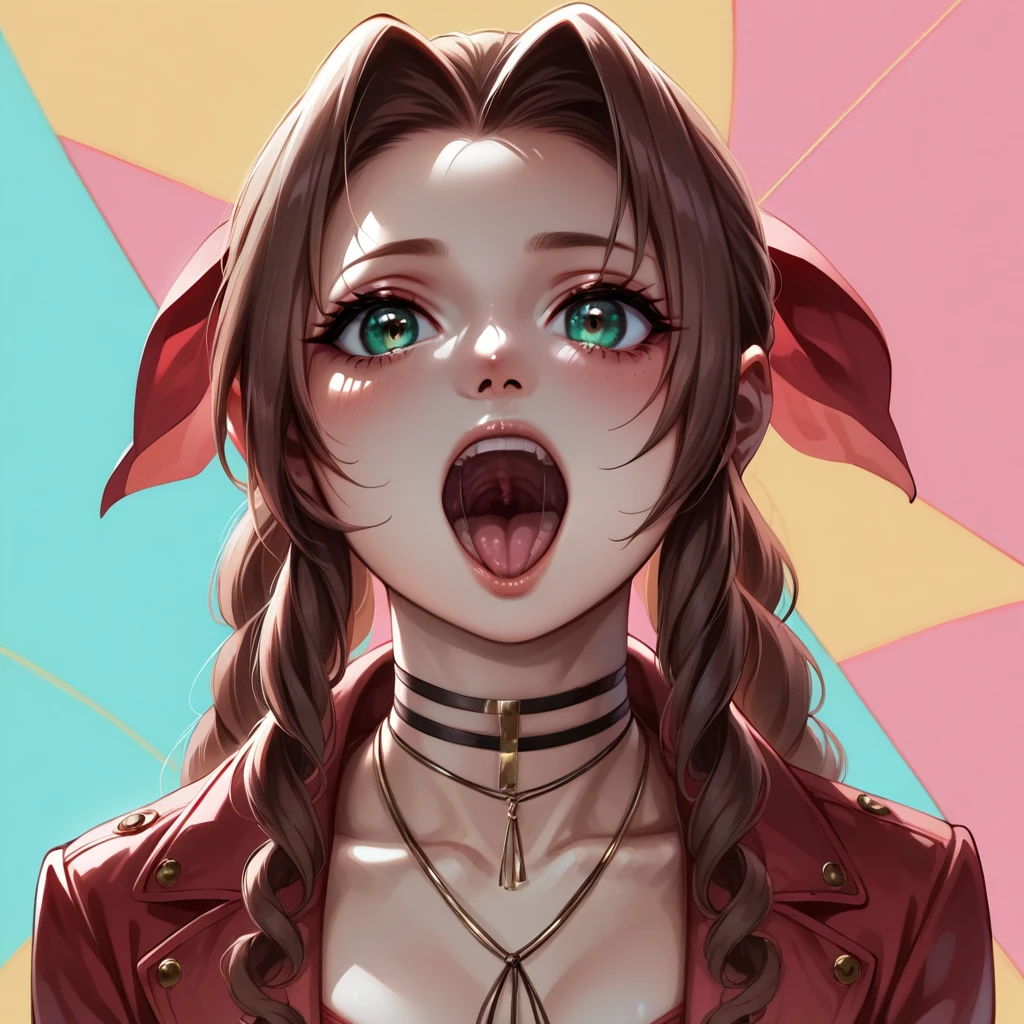 masterpiece, best quality, aerith gainsborough, choker, cropped jacket, hair bow, bracelet, pink dress, looking at viewer, abstract background, detailed mouth, mesmerizing mouth, high definition mouth, focus on face, best quality, detailed, absurd resolution, absurd detail, intricate details, vibrant colors, ultra-realistic, open mouth,