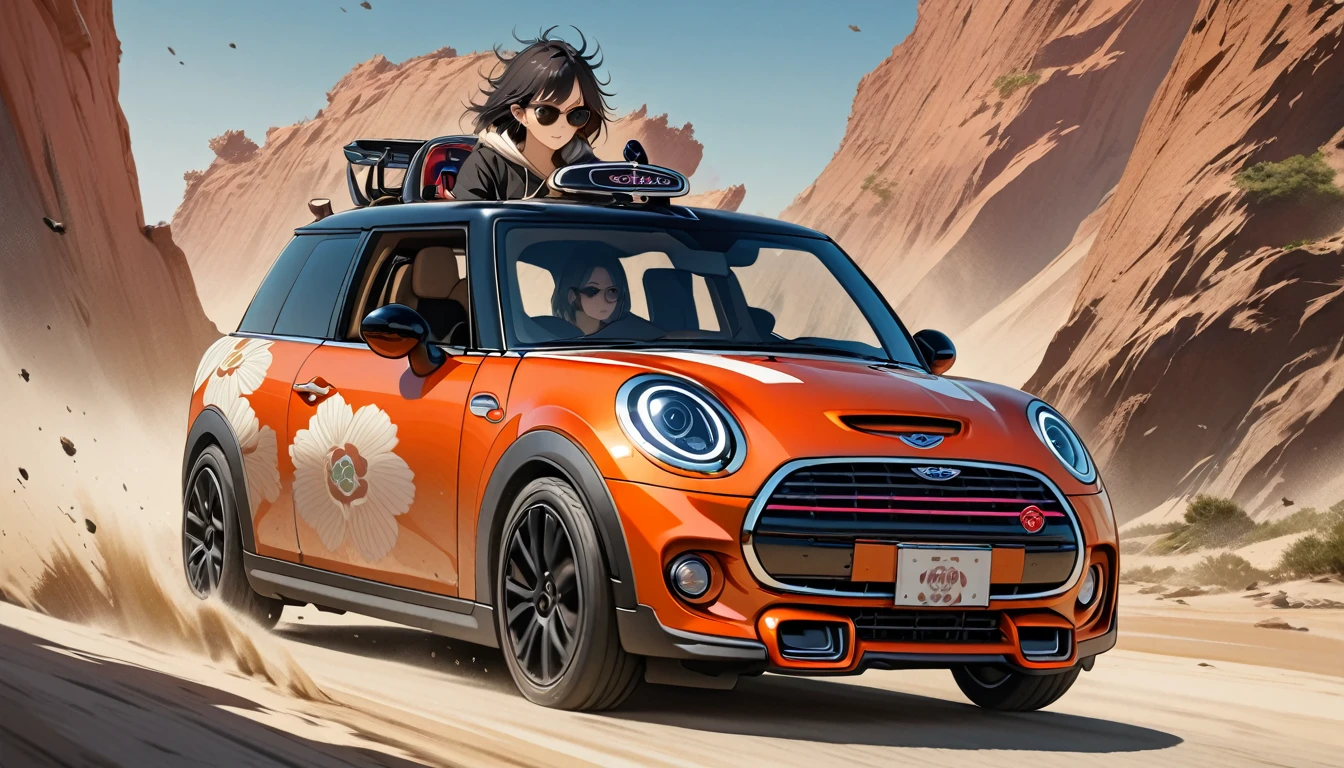 ((8k of extremely detailed CG unit, Masterpiece, high resolution, highest quality, highest quality real texture skin)), (wearing Japanese pattern headphones), ((1 girl)), (((Driving a Mini Cooper))), (((sunglasses))), (Japanese pattern hoodie, Japanese-style shorts), (Black hair, messy hair, beige skin), (surreal, digital painting)