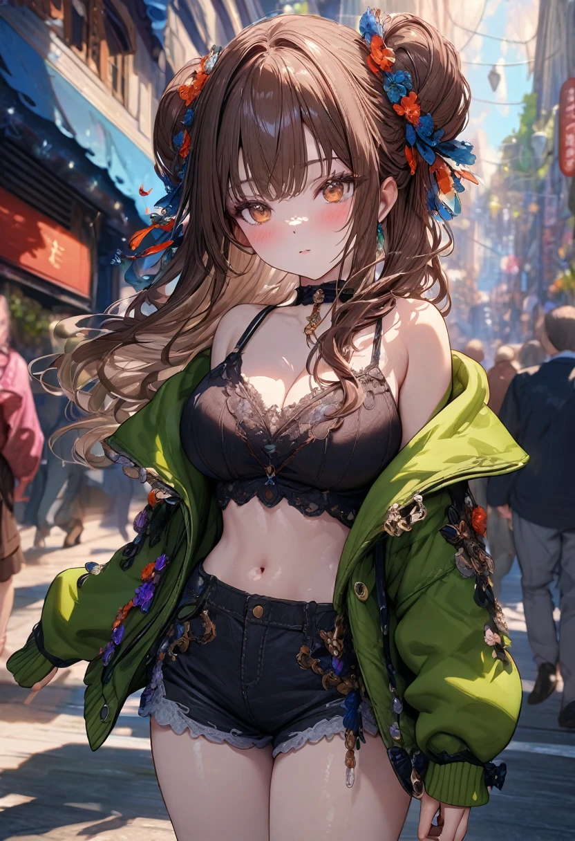 ((masterpiece:0), best quality, very aesthetic, newest, absurdres, detailed, high quality)
BREAK
highest quality, top quality, details, highres, ultra fine painting, digital art, official art, cinematic, 4k, 8k resolution, 8K CG wallpaper, CG, original artwork, detailed background, colorful background, blue atmosphere, High Dynamic Range, blurry background, blue hour, Starburst effects, crepuscular rays, good ISO, high resolution, wide shot, from far away, RAW photo, POV, sharp focus, light reflection, reflections, intricate details, soft light, particle noise, professional photography, bokeh, depth of field, natural lighting, vibrant colors, looking away, detailed lights and shadows, stylish, ultra-detailed, top rated on Pixiv, trending on Artstation, niji style, modern-days, master crafted, pose
BREAK
solo, close up shot, from above, 1girl, pale skin, correct fingers, detailed hand, (big breasts:1.2), big thighs, small torso, short body, flushtered, blush, anxious expression, casual, slim, ((cute, childlike face):1.3), nice hips, nice body, brown hair, (very long flowing hair), (big 2 buns hairstyle)), long bangs, long hair, middle hair bangs, brown eyes
BREAK
(black string tank top, choker, off shoulder open green hoodie, (tummy skin), open unbuttoned shorts, many colors outfit ornaments)
BREAK
a person walking down a street with a crowd of people, crowded street, crowded streets, in front of a large crowd, giant crowd, girl walking through city, people walking down a street