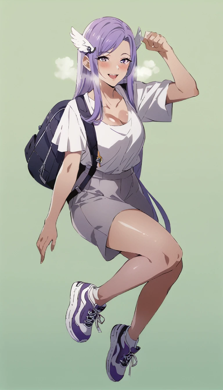 score_9, score_8_up, score_7_up, score_6_up, uncensored, quinella, absurdly long hair, purple eyes, smirk, upper teeth, long hair, parted bangs, purple hair, very long hair, hair ornament, horny face, blush face, lips, naughty face, shiny skin, sweating, steaming body, saliva, curvy, voluptuous, heavy breathing, large breasts, detailed body, detailed eyes, thighs, pin up model pose, green fields background, carrying backpacks, high sneakers, anime screencap, anime coloring