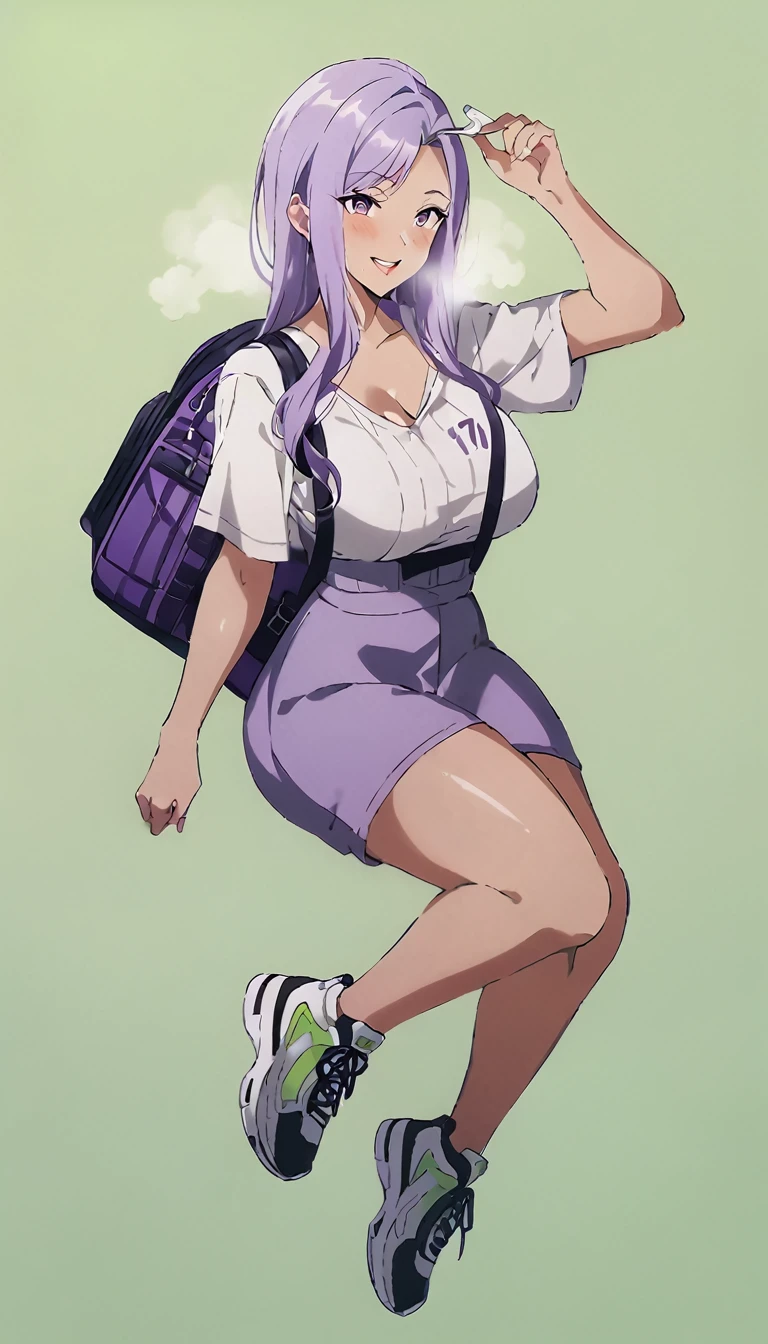 score_9, score_8_up, score_7_up, score_6_up, uncensored, quinella, absurdly long hair, purple eyes, smirk, upper teeth, long hair, parted bangs, purple hair, very long hair, hair ornament, horny face, blush face, lips, naughty face, shiny skin, sweating, steaming body, saliva, curvy, voluptuous, heavy breathing, large breasts, detailed body, detailed eyes, thighs, pin up model pose, green fields background, carrying backpacks, high sneakers, anime screencap, anime coloring