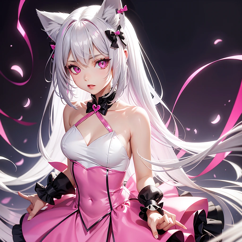Silver hair, pink eyes, body, cat ears, girl, earrings, heart background fantasy, hot pink dress uniform, hair bows