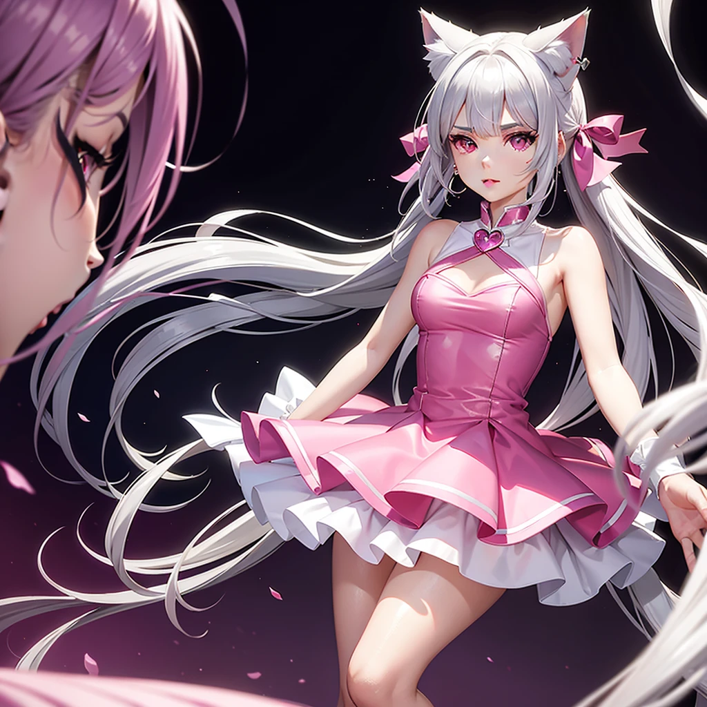 Silver hair, pink eyes, body, cat ears, girl, earrings, heart background fantasy, hot pink dress uniform, hair bows