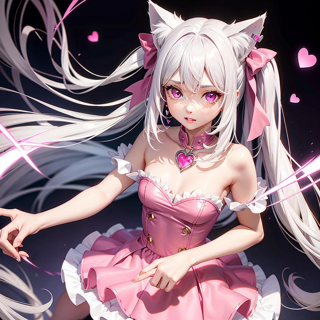 Silver hair, pink eyes, body, cat ears, girl, earrings, heart background fantasy, hot pink dress uniform, hair bows
