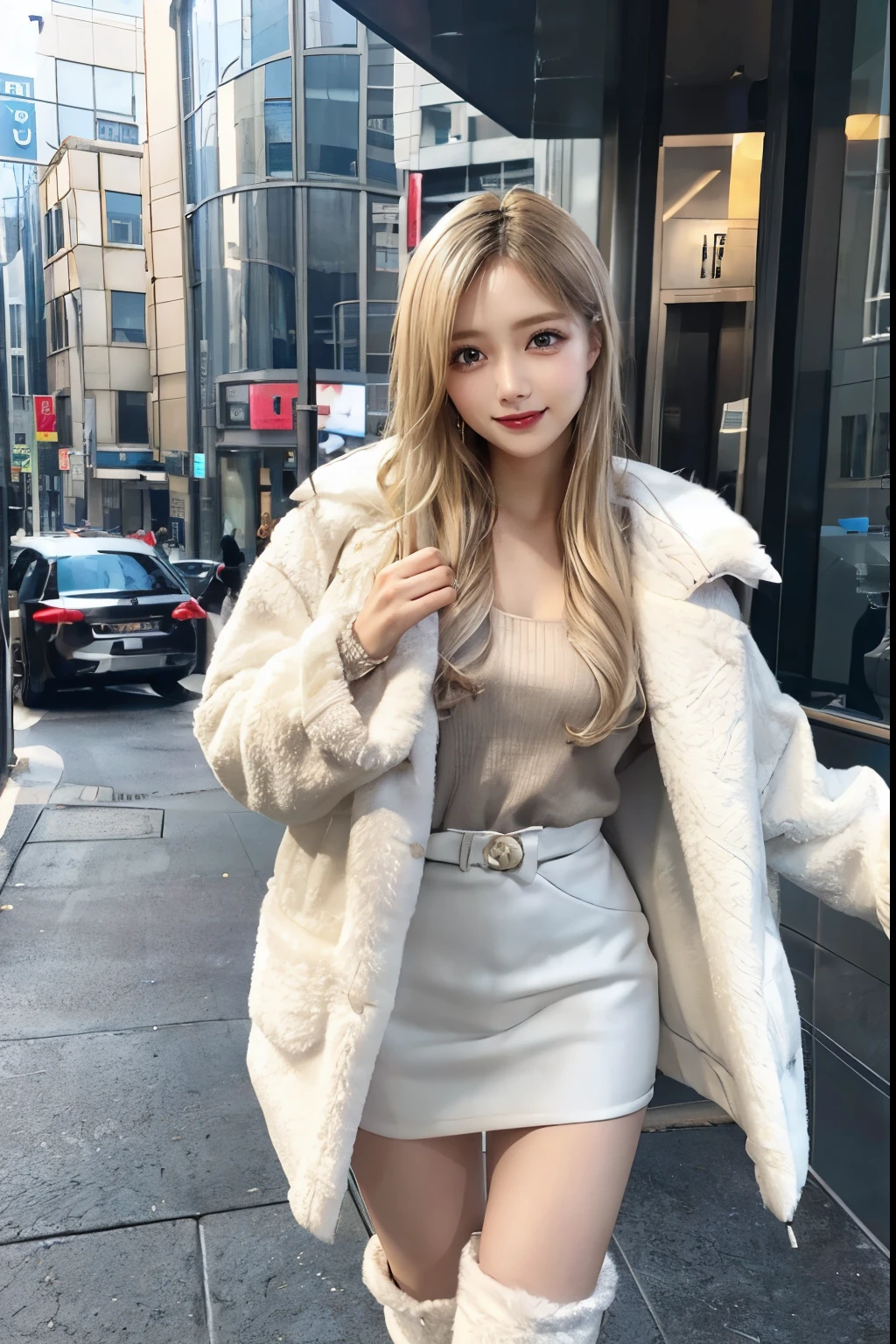 8K、Highest quality、masterpiece、Realistic、 Super detailed、Improvement of quality、Beautiful woman with perfect figure:1.4、women only、Fur jacket、Knee-high boots、blonde、Straight hair、Highly detailed face and skin、double eyelid、smile、Whole body image、city、Winter clothes、nail、Yankee、Gal、Japanese、Like in the movies、27 years old