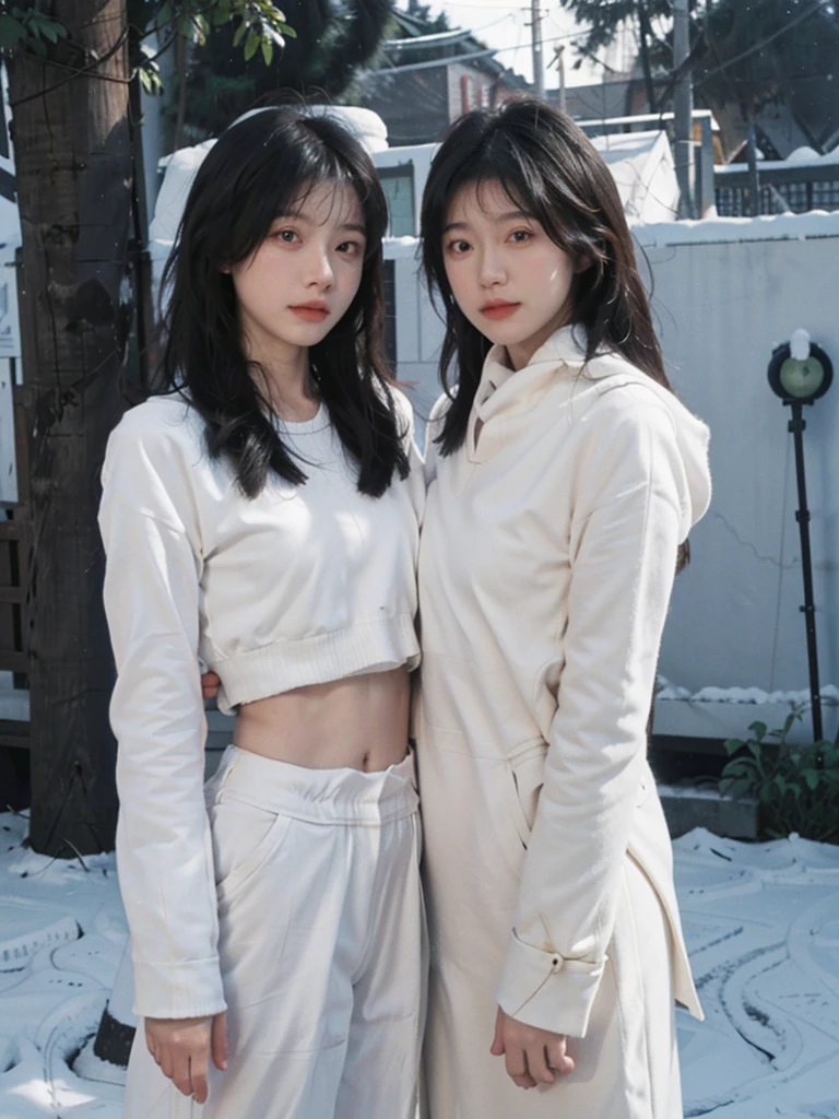 best quality, Ultra-high resolution,16K, Snow White Background,six pack Abdominal ,(Realistically:1.4), girl,JK, A pair of eyes as clear as snow,Imperial sister,Black long straight, Looking at the audience,