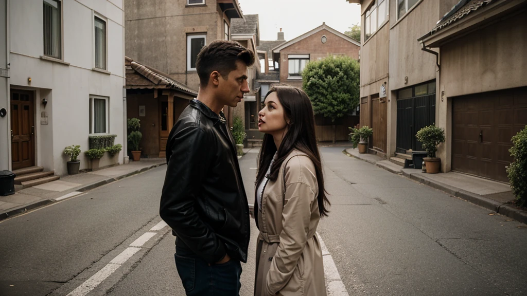 man and woman couple arguing on the street in front of house, realistic image