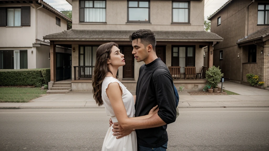 man and woman couple arguing on the street in front of house, realistic image