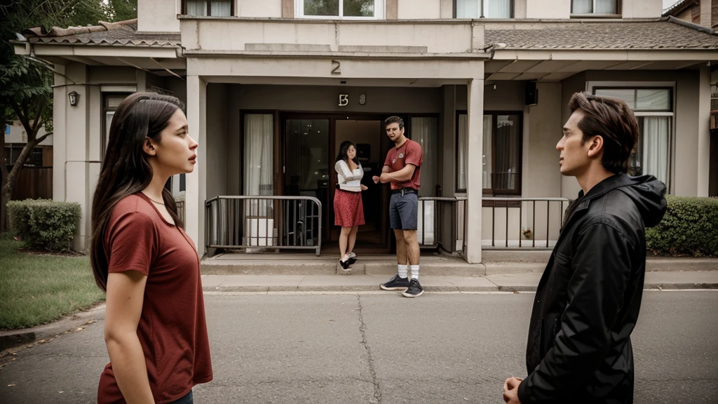 man and woman couple arguing on the street in front of house, realistic image