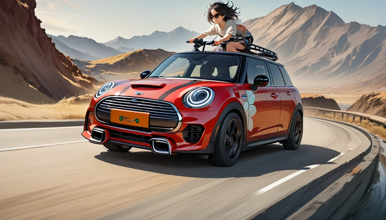 ((8k of extremely detailed CG unit, Masterpiece, high resolution, highest quality, highest quality real texture skin)), (wearing Japanese pattern headphones), ((1 girl)), (((Driving a Mini Cooper))), (((sunglasses))), (Japanese pattern hoodie, Japanese-style shorts), (Black hair, messy hair, beige skin), (surreal, digital painting)