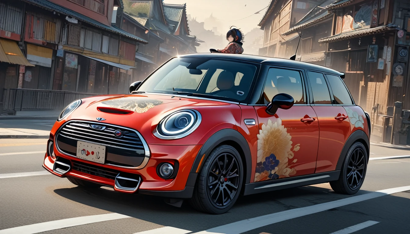 ((8k of extremely detailed CG unit, Masterpiece, high resolution, highest quality, highest quality real texture skin)), (wearing Japanese pattern headphones), ((1 girl)), (((Driving a Mini Cooper))), (((sunglasses))), (Japanese pattern hoodie, Japanese-style shorts), (Black hair, messy hair, beige skin), (surreal, digital painting)
