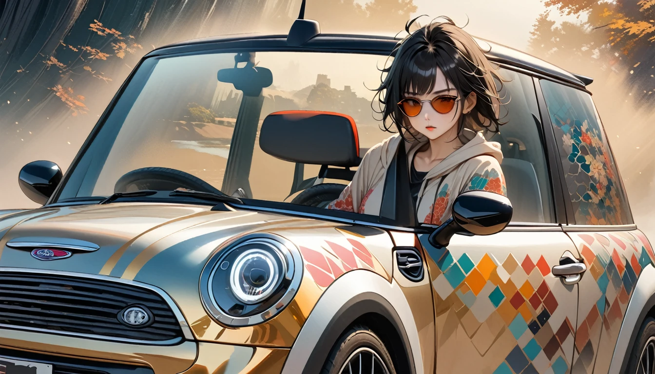 ((8k of extremely detailed CG unit, Masterpiece, high resolution, highest quality, highest quality real texture skin)), (wearing Japanese pattern headphones), ((1 girl)), (((Driving a Mini Cooper))), (((sunglasses))), (Japanese pattern hoodie, Japanese-style shorts), (Black hair, messy hair, beige skin), (surreal, digital painting)