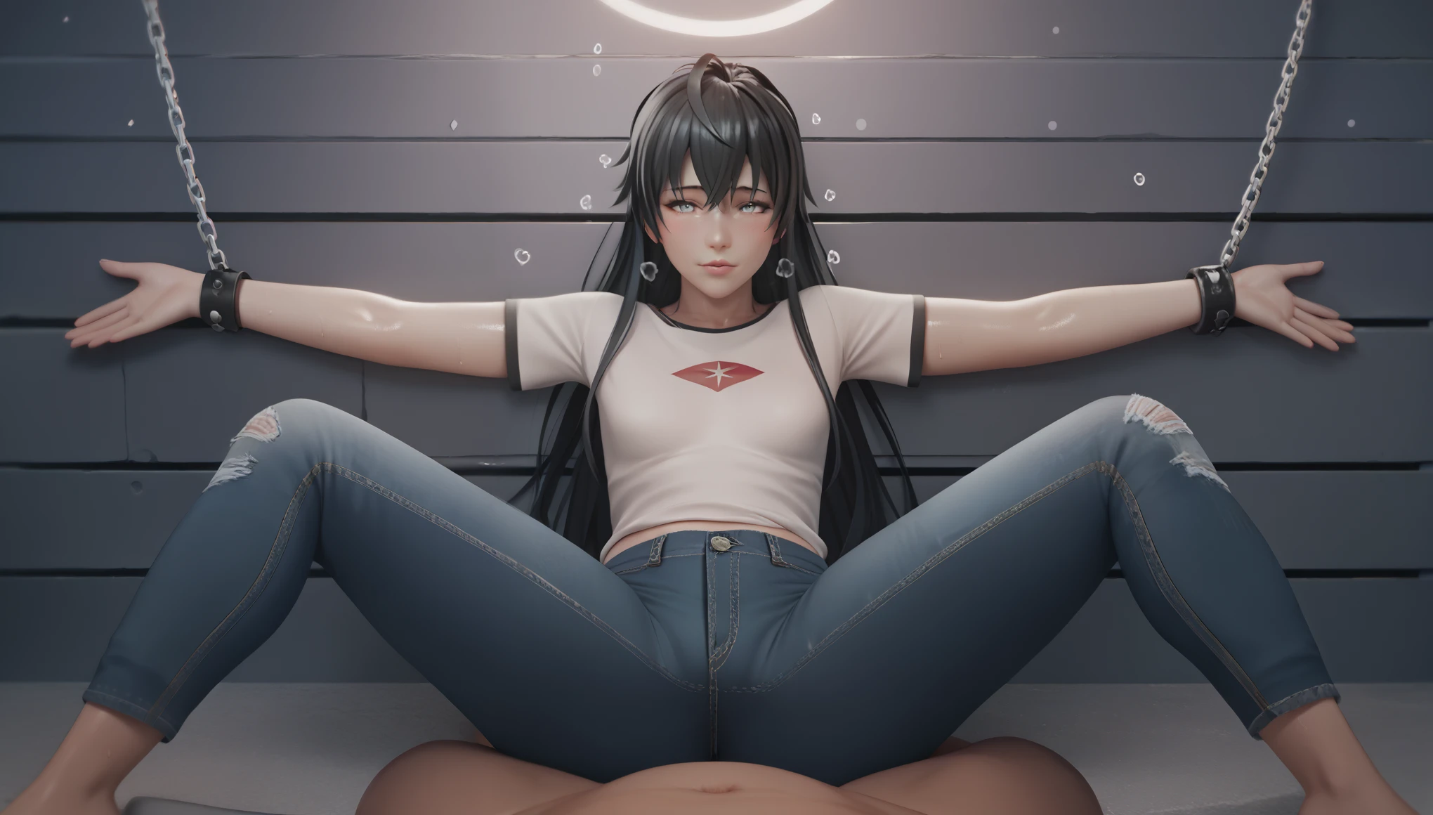 score_9, score_8_up, score_7_up, score_6_up, score_5_up, score_4_up, uncensored, yukinoshita yukino, absurdly long hair, grey eyes, black hair, very long hair, horny face, blush face, lips, naughty face, shiny skin, sweating, steaming body, curvy, voluptuous, heavy breathing, (small breasts:1.3), detailed body, detailed eyes, w-w-chain, spread arms, messy hair, white shirt, jeans pants, dungeon, best quality, best res, 4K UHD,