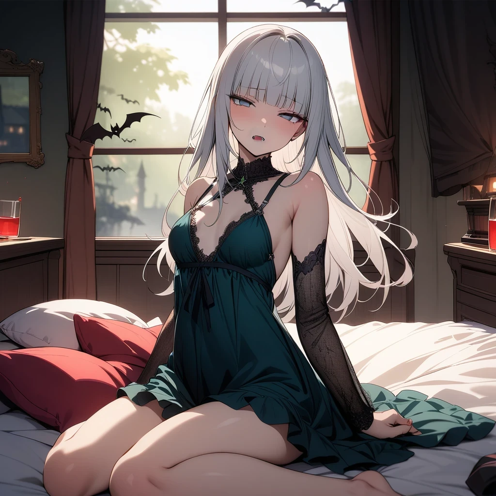 (masterpiece),(best quality),very aesthetic,(ultra-detailed),(illustration),(degenerate),very aesthetic,1girl,,slender,long hair,silver hair,straight hair,disheveled hair,(blunt bangs),dark blue alluring eyes,sleepy,half closed eyes,condescending look,An elegant and sophisticated outfit perfect for a party, featuring a velvet long negligee with dark blue lace accents sleeves,ecstasy,happy,inroom,on bed,wariza,daytime,Lascivious atmosphere,fantastic atmosphere,Sunlight shining through the window,forest landscape,curtains flutter in the wind,Toxic green colored lace thong,Old furnishings,dusty room,cowboy shot,looking at viewer,(fangs), vampire, tomato juice glass, dark fantasy, bat, black castle