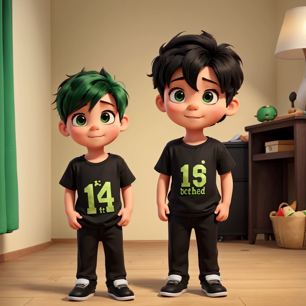 1 year old boy with black t-shirt and green pants