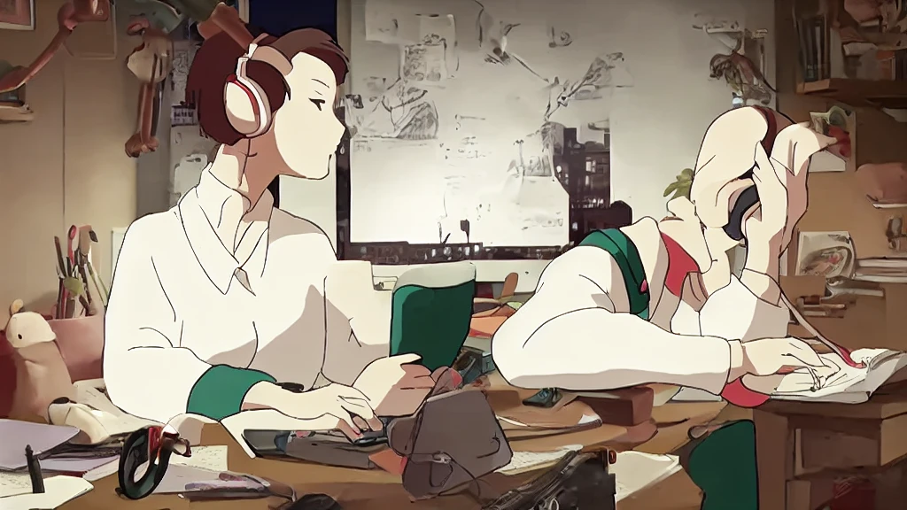 Cartoon character sitting at a desk with a laptop and headphones, praise girl, praise artstyle, praise art, praise girl aesthetic, praise feel, praise hip hop, praise portrait, praise colors, praise vibes, praise aesthetic, praise vibe, praise, Lo-fi art, Chihiro! fujisaki