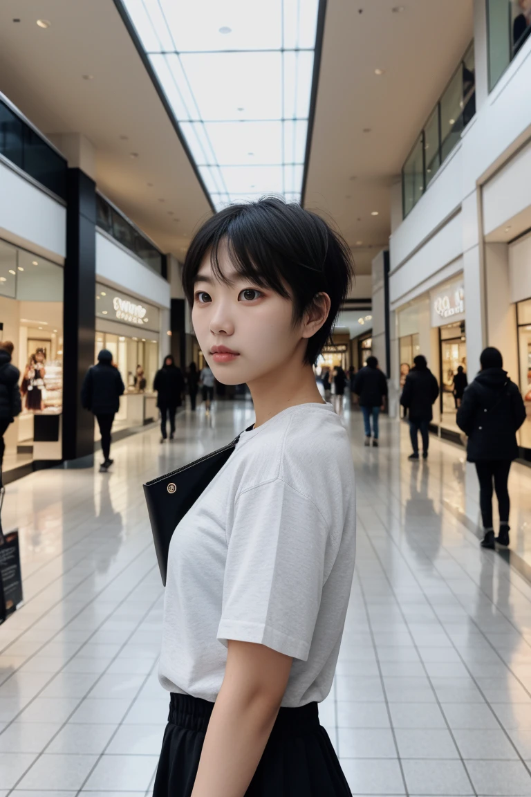 raw photo of beautiful female short hair ,solo ,mall